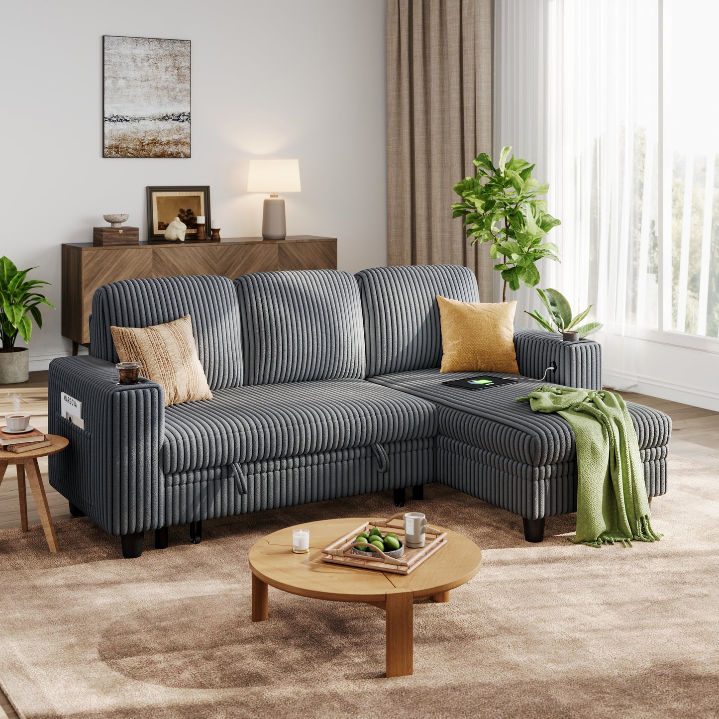 3 Seats with Ottoman, Convertible Plush Corduroy Cloud Couch