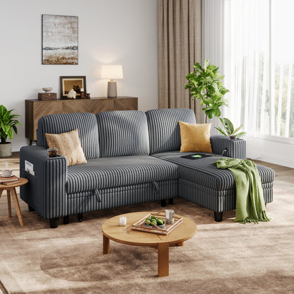 3 Seats with Ottoman, Convertible Plush Corduroy Cloud Couch