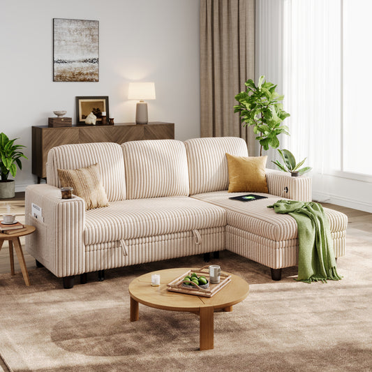 3 Seats with Ottoman, Convertible Plush Corduroy Cloud Couch