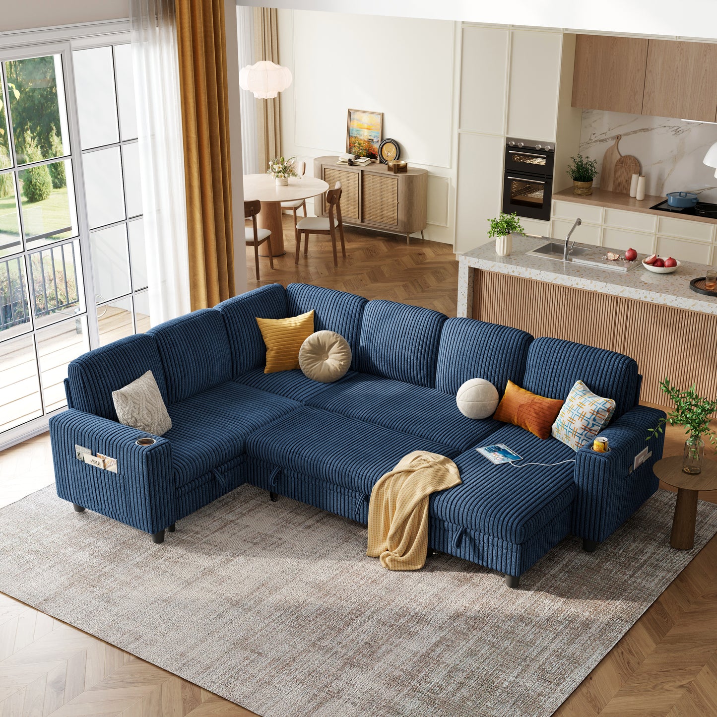 6 Seats with 2 Ottomans, Convertible Plush Corduroy Cloud Couch