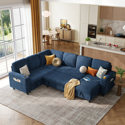 6 Seats with 2 Ottomans, Convertible Plush Corduroy Cloud Couch