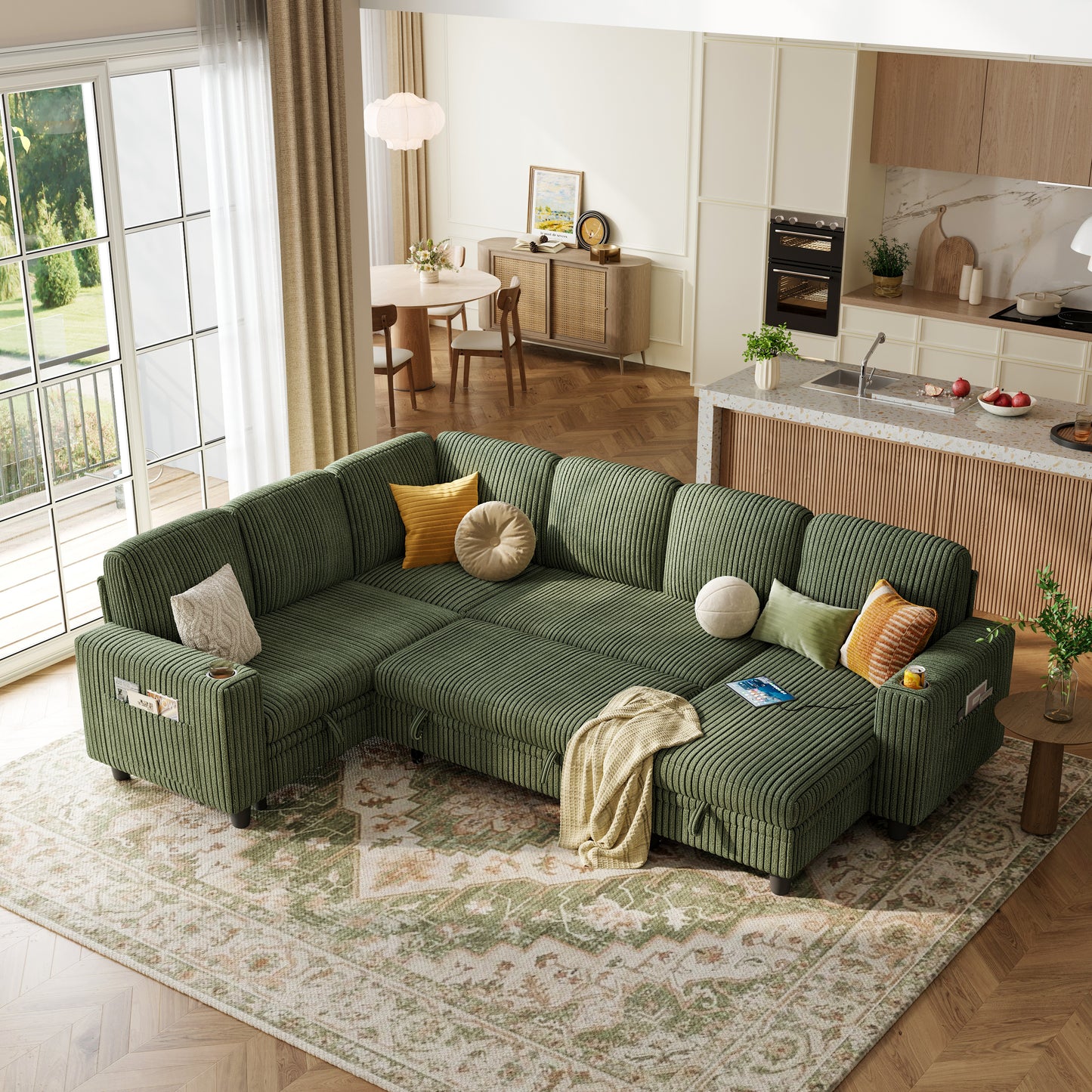 6 Seats with 2 Ottomans, Convertible Plush Corduroy Cloud Couch