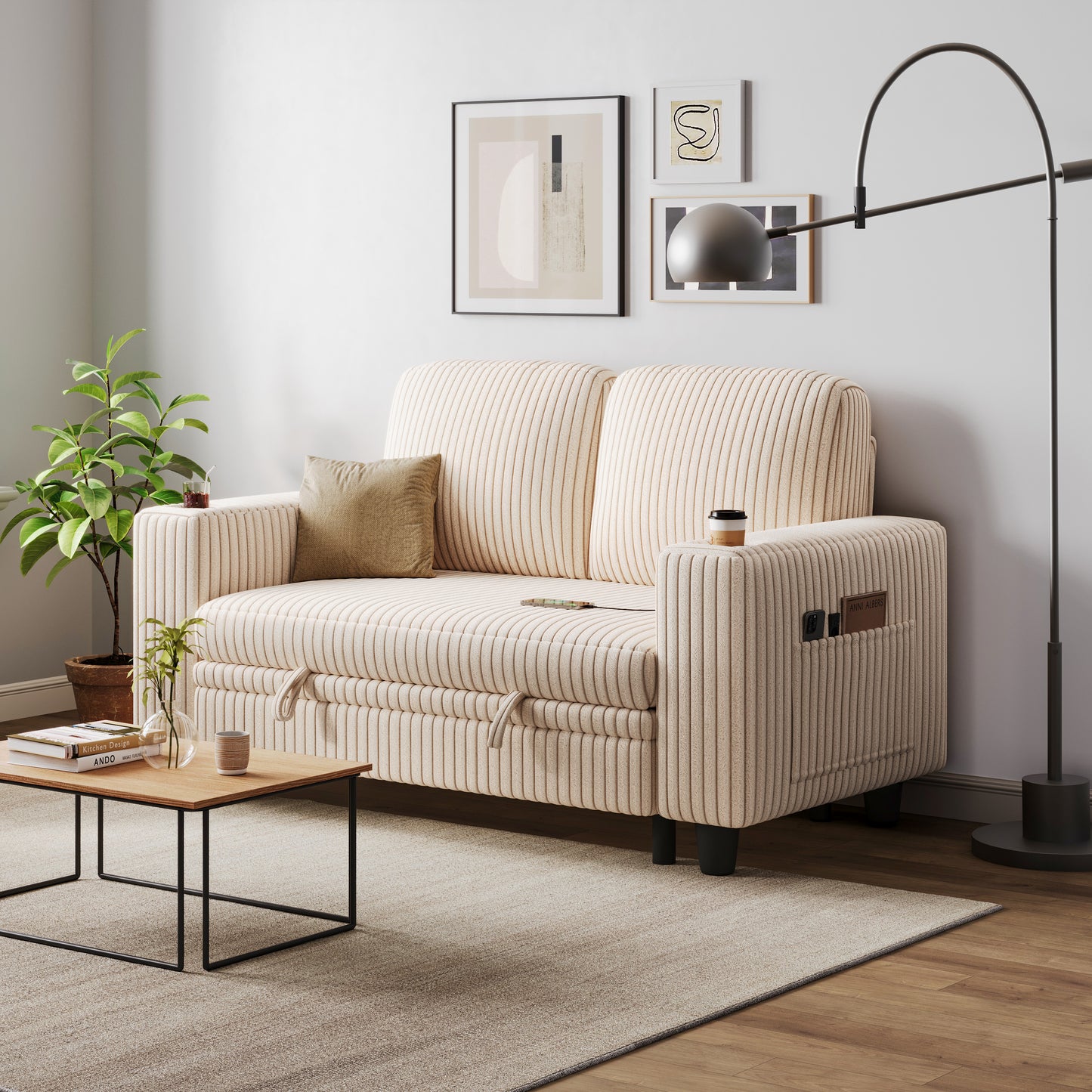 Loveseat Sofa with Storage - Comfy Plush Corduroy 2 Seater Sofa
