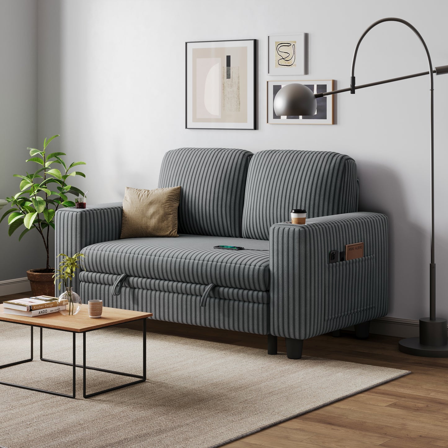 Loveseat Sofa with Storage - Comfy Plush Corduroy 2 Seater Sofa