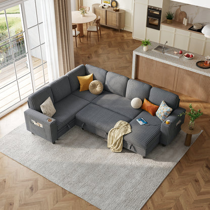 6 Seats with 2 Ottomans, Convertible Plush Corduroy Cloud Couch