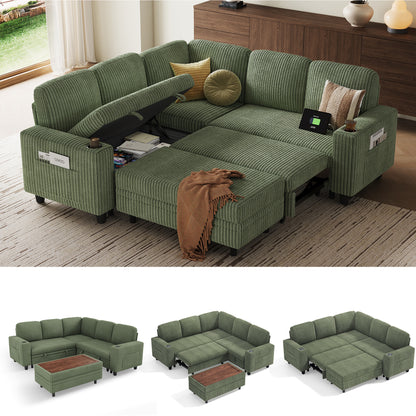 Linsy Home HS015-02-3+1&Ottoman#1225 Plush Corduroy Sleeper Sofa Bed with Storage Seat, Pull Out Couch Bed with Multifunctional Storage Ottoman, L-Shaped Sectional Couches for Living Room,