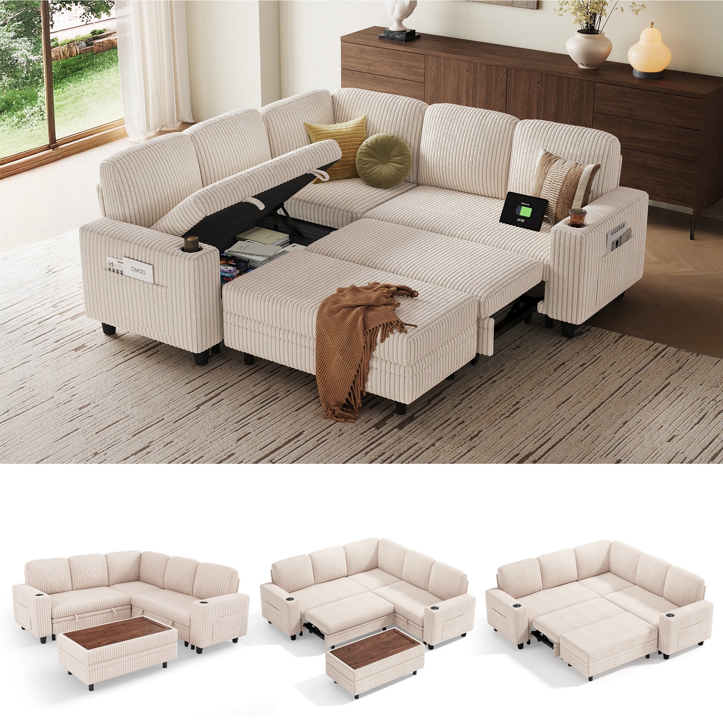 Linsy Home HS015-02-3+1&Ottoman#1225 Plush Corduroy Sleeper Sofa Bed with Storage Seat, Pull Out Couch Bed with Multifunctional Storage Ottoman, L-Shaped Sectional Couches for Living Room,