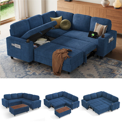 Linsy Home HS015-02-3+1&Ottoman#1225 Plush Corduroy Sleeper Sofa Bed with Storage Seat, Pull Out Couch Bed with Multifunctional Storage Ottoman, L-Shaped Sectional Couches for Living Room,