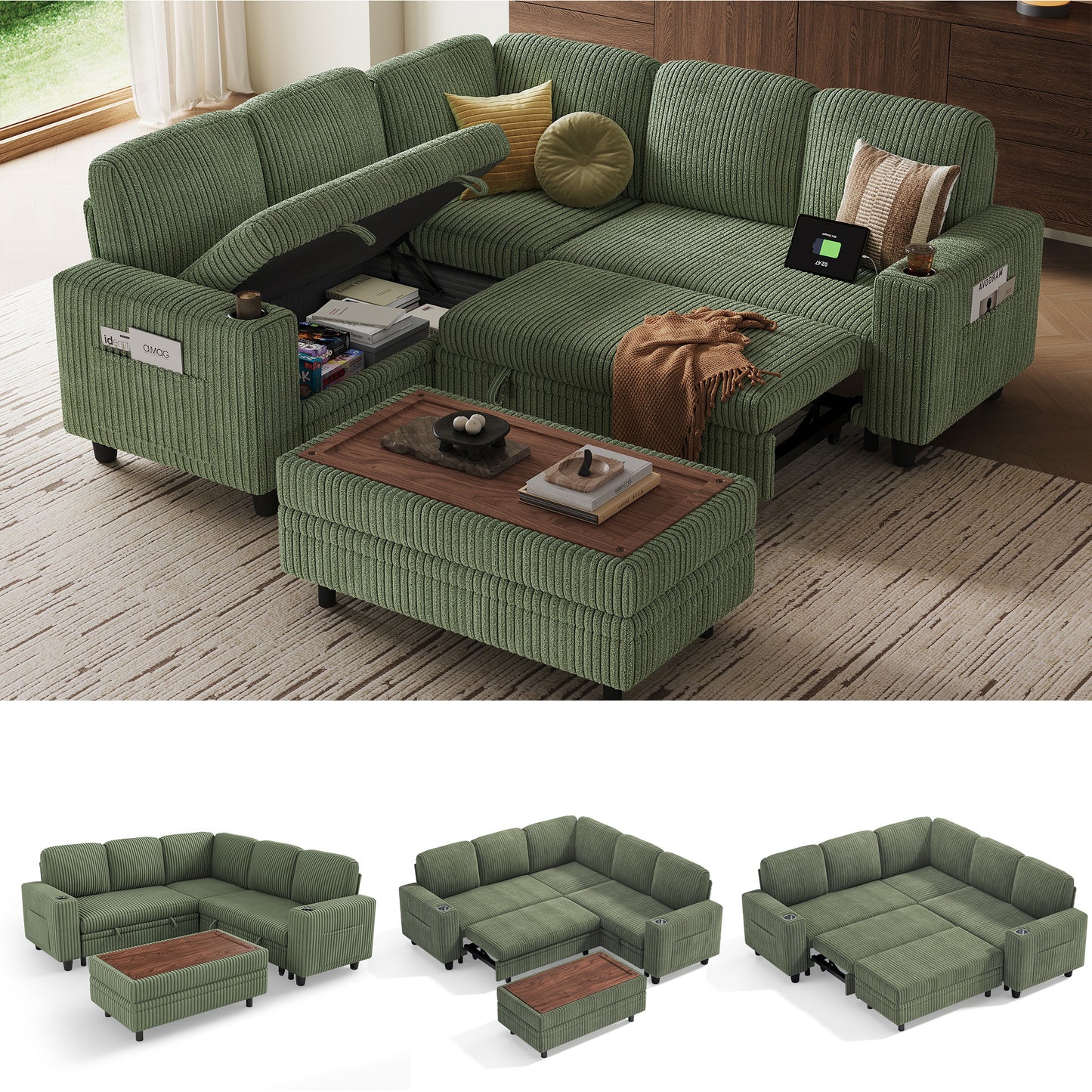 5 Seats with Ottoman, Convertible Plush Corduroy Cloud Couch