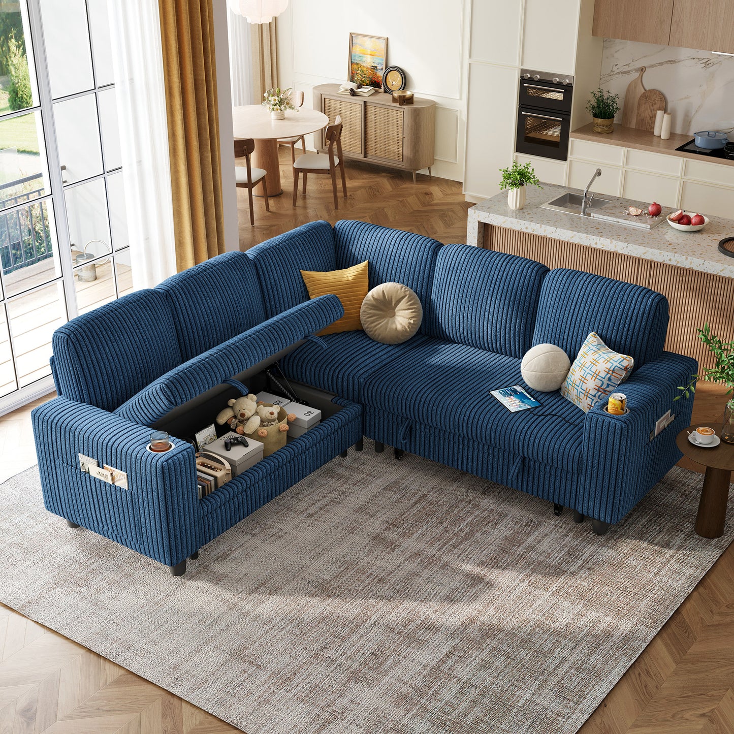 Linsy HS015 5+1 Plush Corduroy Sleeper Sofa Pull Out Couch Bed with USB, Cup Holder, Side Pocket, V Shaped Sectional Couches for Living Room