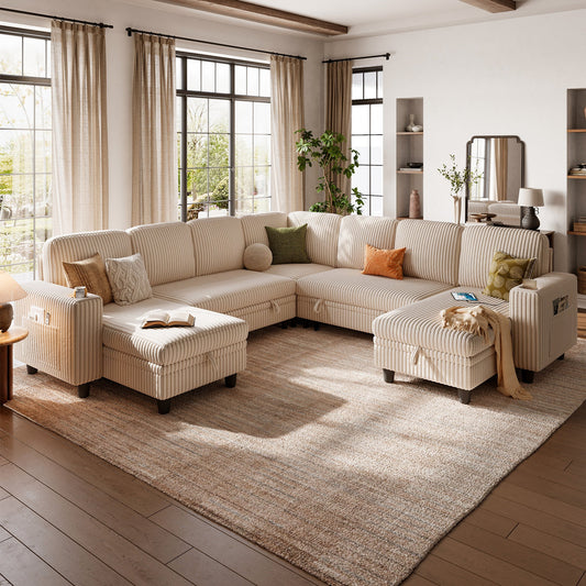 7 Seats with 3 Ottomans, Convertible Plush Corduroy Cloud Couch