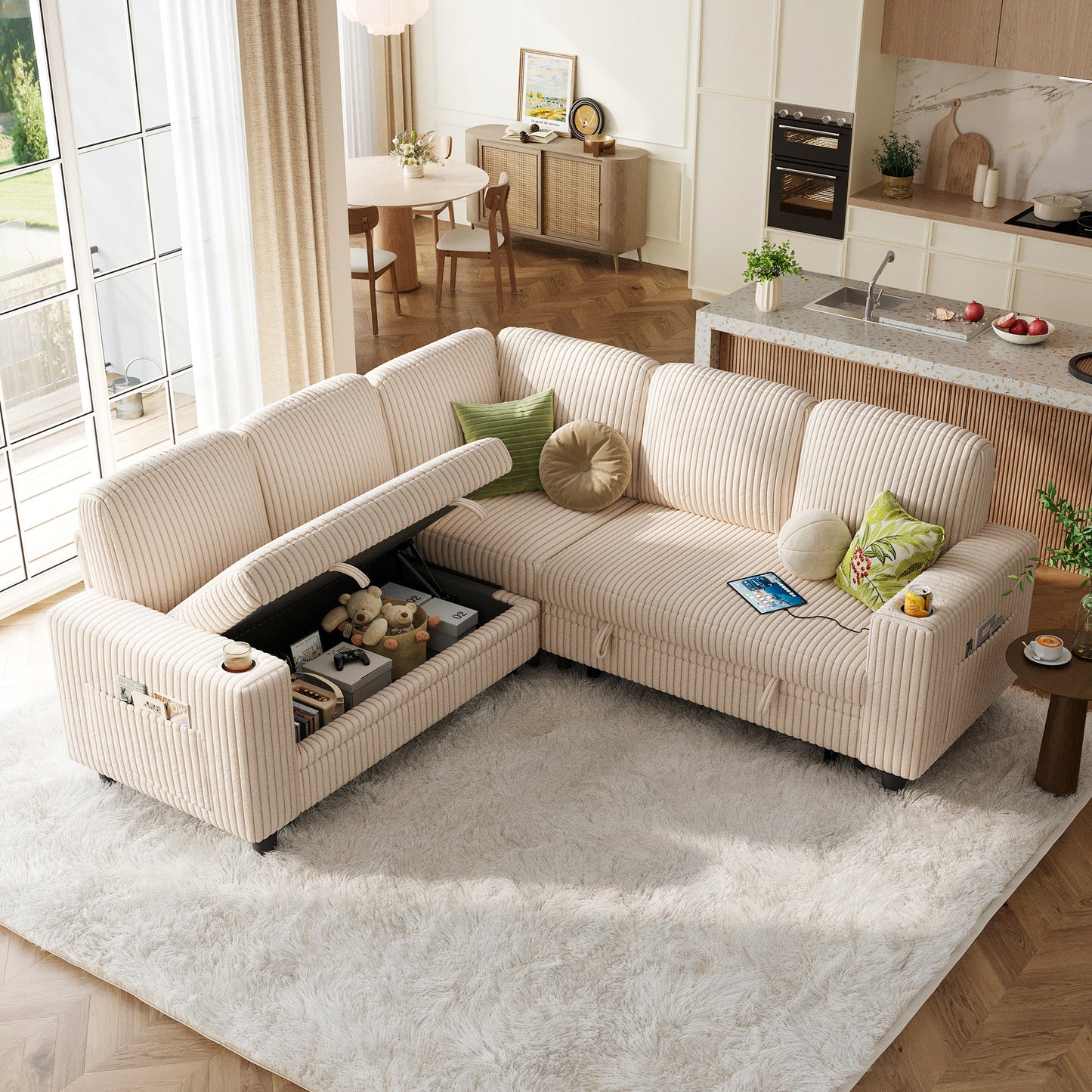 Linsy HS015 5+1 Plush Corduroy Sleeper Sofa Pull Out Couch Bed with USB, Cup Holder, Side Pocket, V Shaped Sectional Couches for Living Room