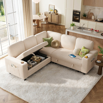 Linsy HS015 5+1 Plush Corduroy Sleeper Sofa Pull Out Couch Bed with USB, Cup Holder, Side Pocket, V Shaped Sectional Couches for Living Room