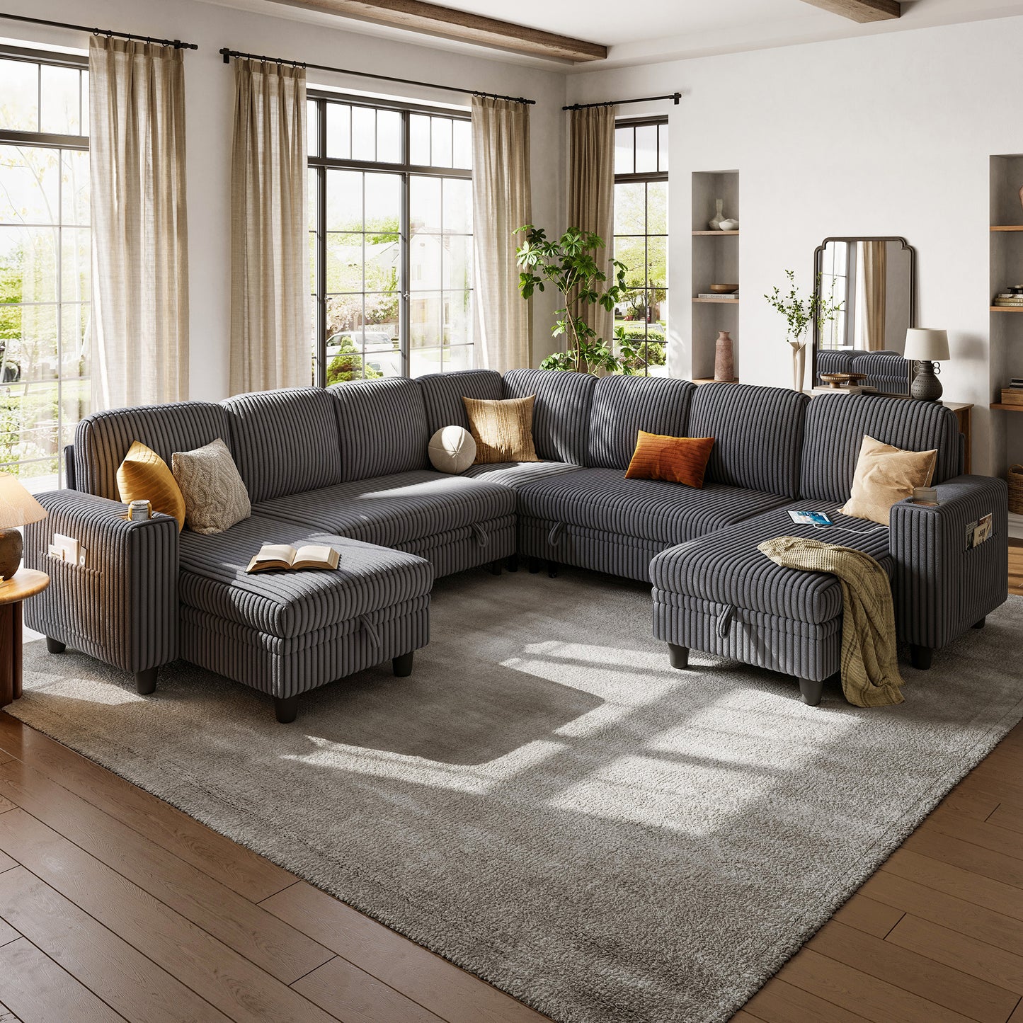 Linsy HS015 7+3 Storage Sectional Sleeper Sofa with Pull Out Bed, 9 Seat Modular Sectional Sofa with with USB & Cup Holder