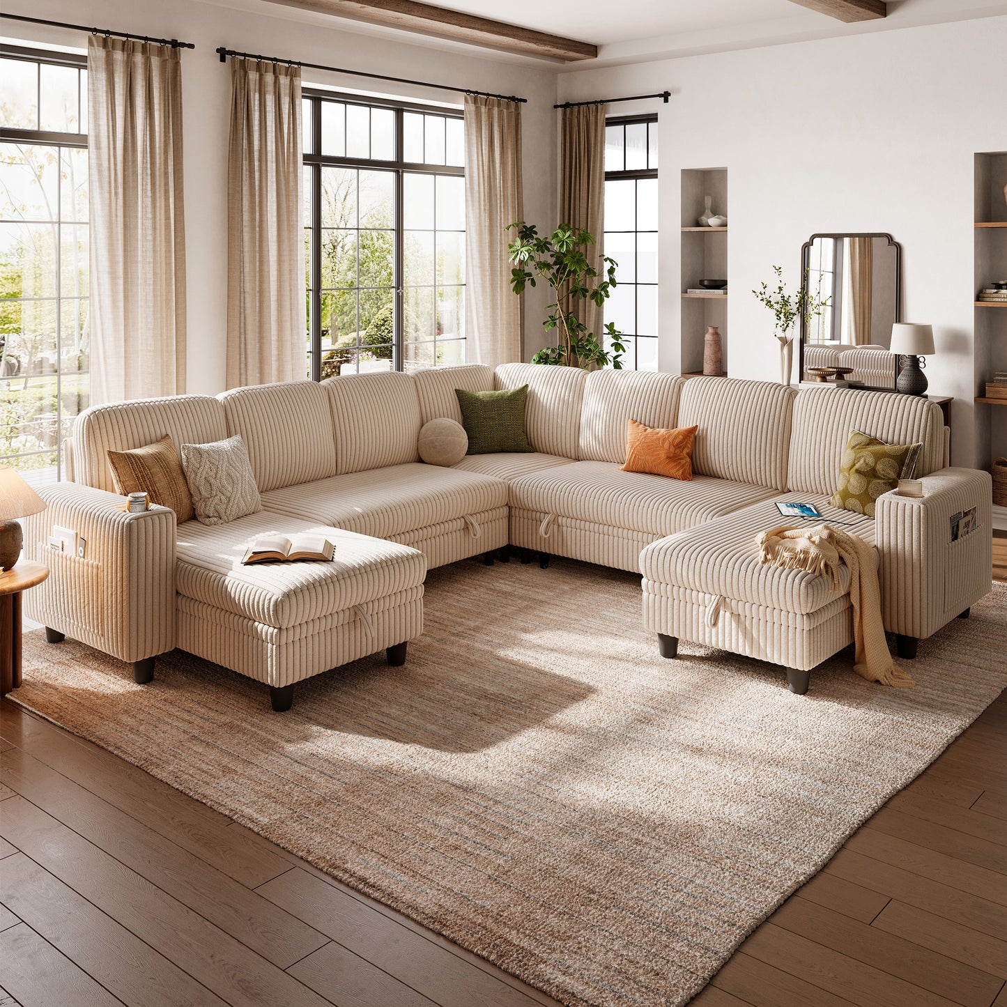 Linsy HS015 7+3 Storage Sectional Sleeper Sofa with Pull Out Bed, 9 Seat Modular Sectional Sofa with with USB & Cup Holder