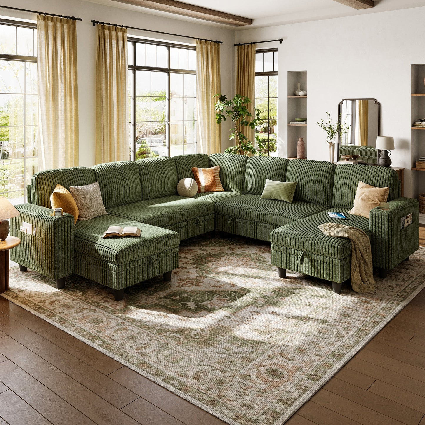 7 Seats with 3 Ottomans, Convertible Plush Corduroy Cloud Couch