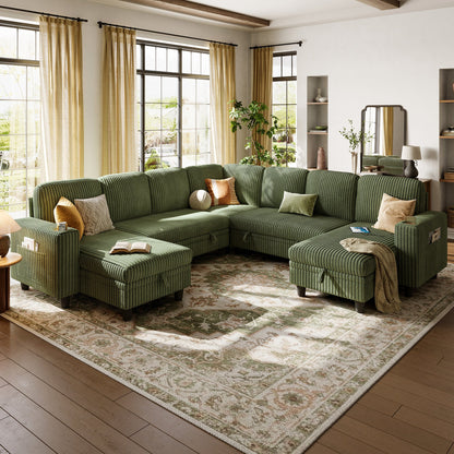 7 Seats with 3 Ottomans, Convertible Plush Corduroy Cloud Couch