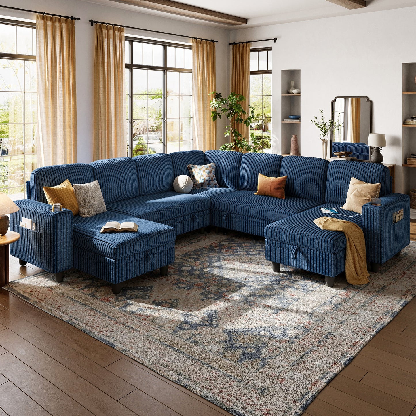 7 Seats with 3 Ottomans, Convertible Plush Corduroy Cloud Couch