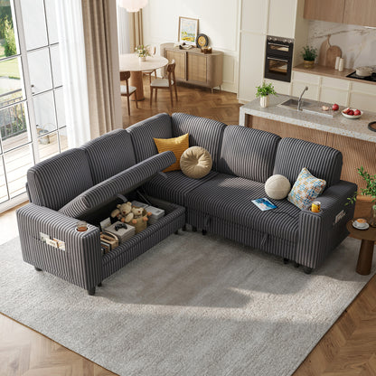 Linsy HS015 5+1 Plush Corduroy Sleeper Sofa Pull Out Couch Bed with USB, Cup Holder, Side Pocket, V Shaped Sectional Couches for Living Room
