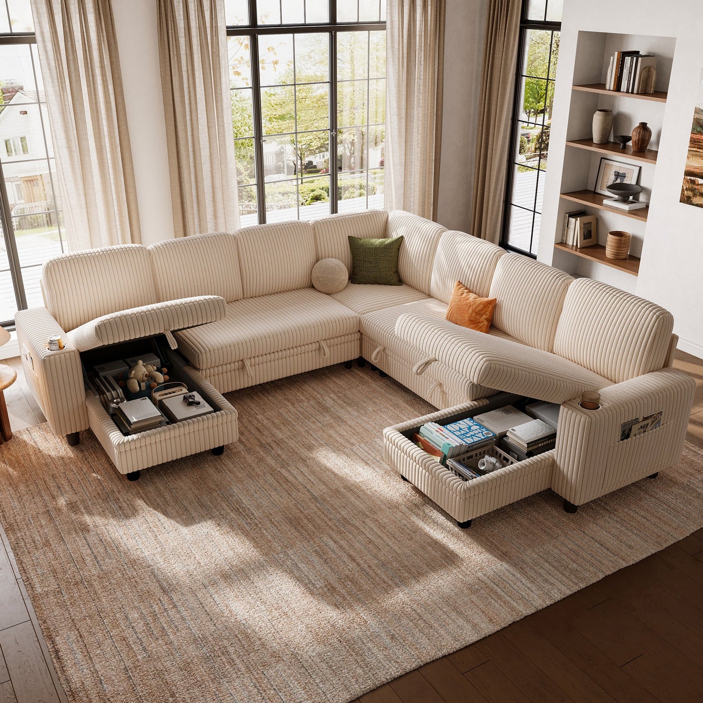 7 Seats with 3 Ottomans, Convertible Plush Corduroy Cloud Couch