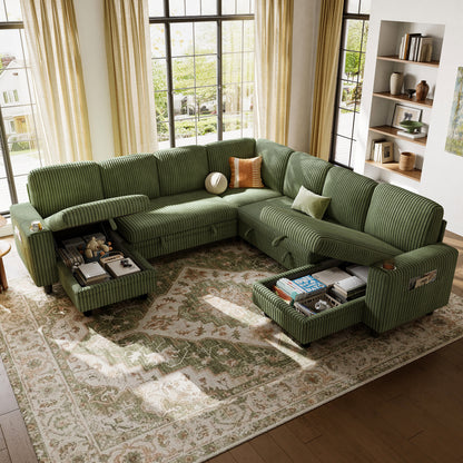 Linsy HS015 7+3 Storage Sectional Sleeper Sofa with Pull Out Bed, 9 Seat Modular Sectional Sofa with with USB & Cup Holder