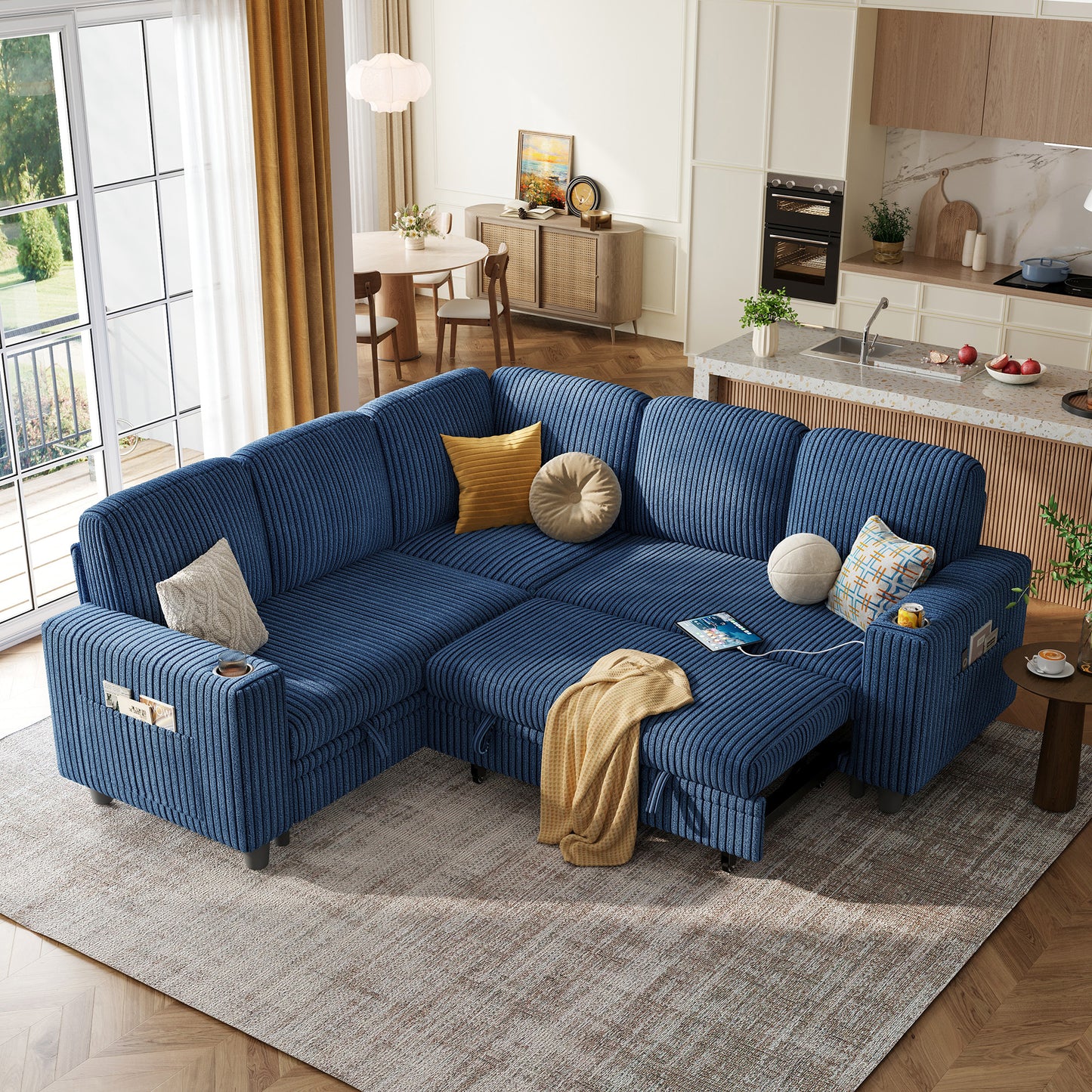 Linsy HS015 5+1 Plush Corduroy Sleeper Sofa Pull Out Couch Bed with USB, Cup Holder, Side Pocket, V Shaped Sectional Couches for Living Room