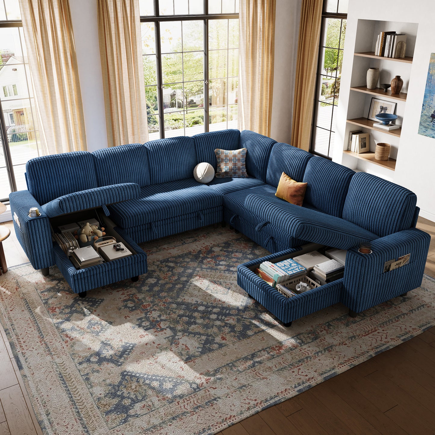 Linsy HS015 7+3 Storage Sectional Sleeper Sofa with Pull Out Bed, 9 Seat Modular Sectional Sofa with with USB & Cup Holder