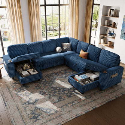 Linsy HS015 7+3 Storage Sectional Sleeper Sofa with Pull Out Bed, 9 Seat Modular Sectional Sofa with with USB & Cup Holder