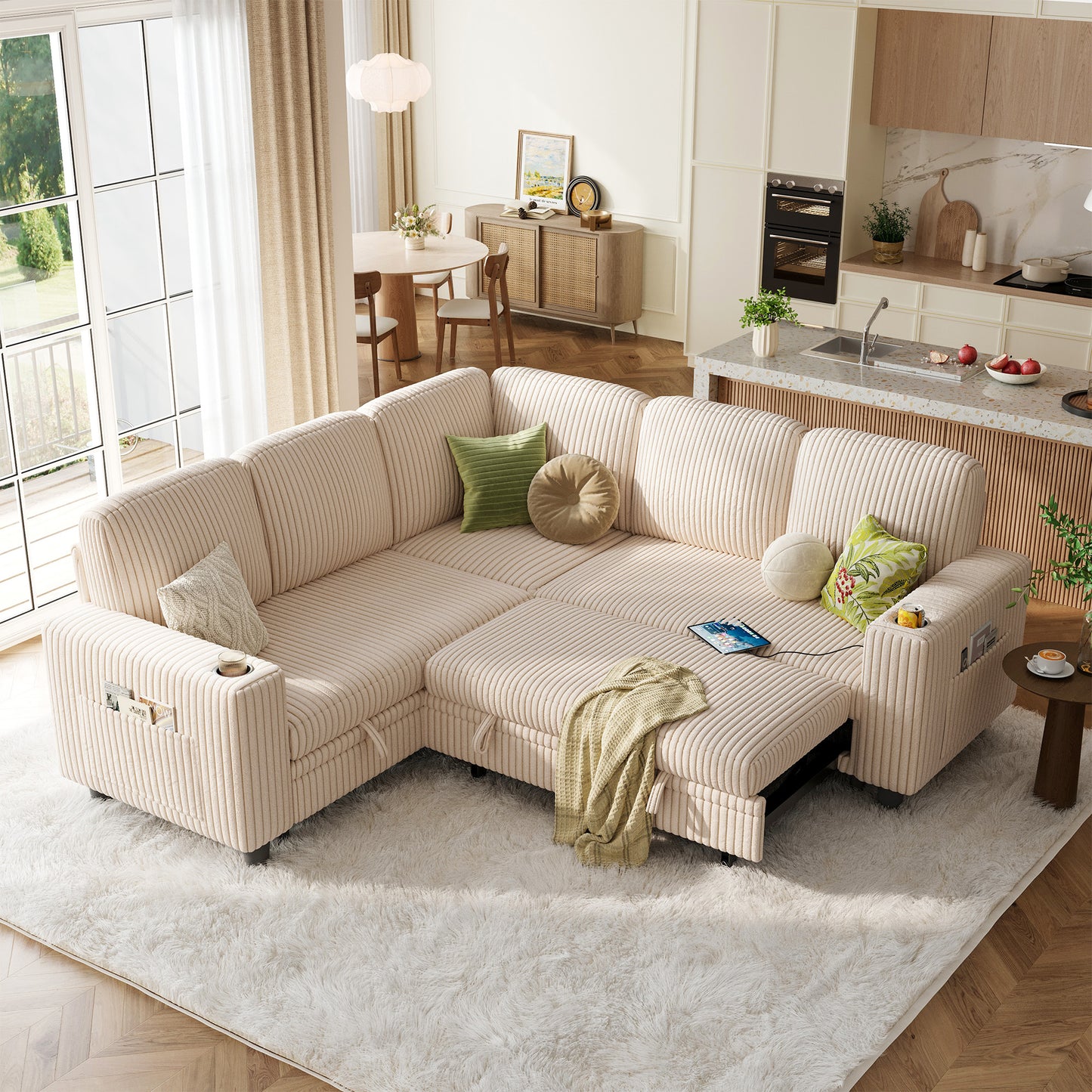 Linsy HS015 5+1 Plush Corduroy Sleeper Sofa Pull Out Couch Bed with USB, Cup Holder, Side Pocket, V Shaped Sectional Couches for Living Room