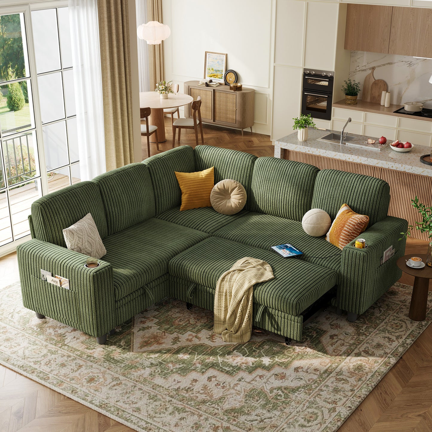 Linsy HS015 5+1 Plush Corduroy Sleeper Sofa Pull Out Couch Bed with USB, Cup Holder, Side Pocket, V Shaped Sectional Couches for Living Room