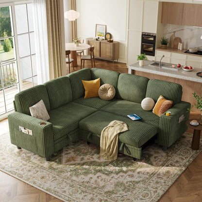 Linsy HS015 5+1 Plush Corduroy Sleeper Sofa Pull Out Couch Bed with USB, Cup Holder, Side Pocket, V Shaped Sectional Couches for Living Room