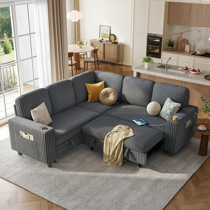 Linsy HS015 5+1 Plush Corduroy Sleeper Sofa Pull Out Couch Bed with USB, Cup Holder, Side Pocket, V Shaped Sectional Couches for Living Room