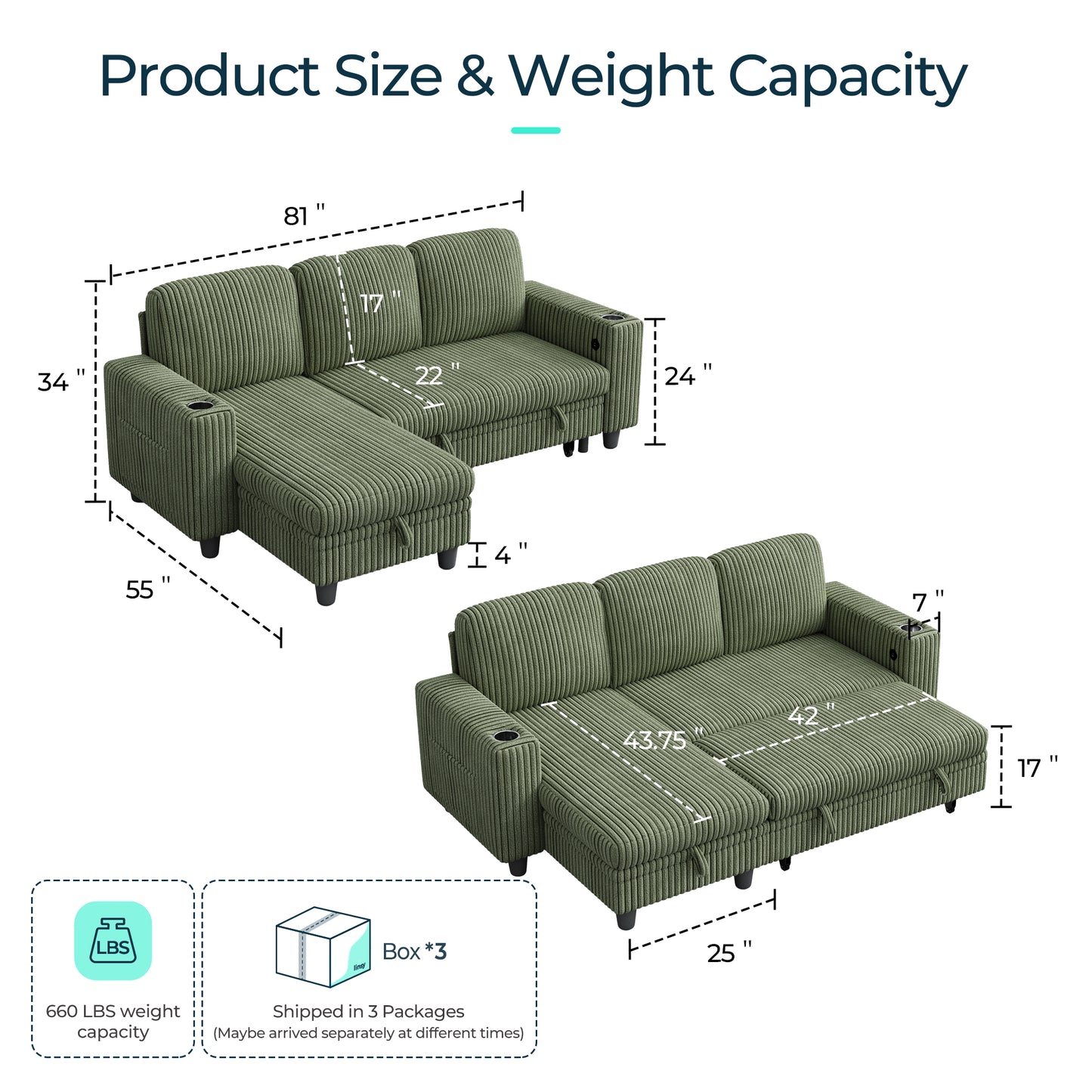 3 Seats with Ottoman, Convertible Plush Corduroy Cloud Couch