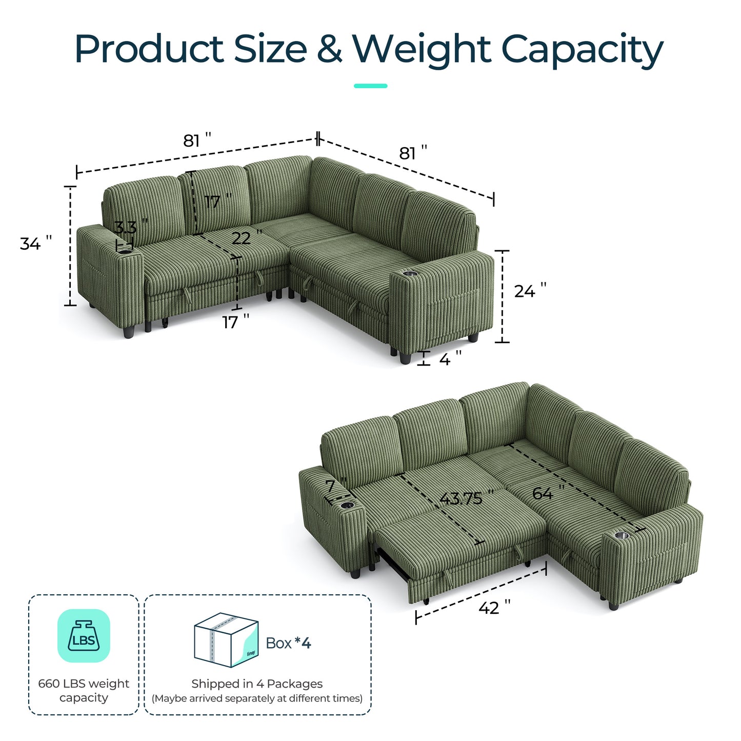 5 Seats with Ottoman, Convertible Plush Corduroy Cloud Couch
