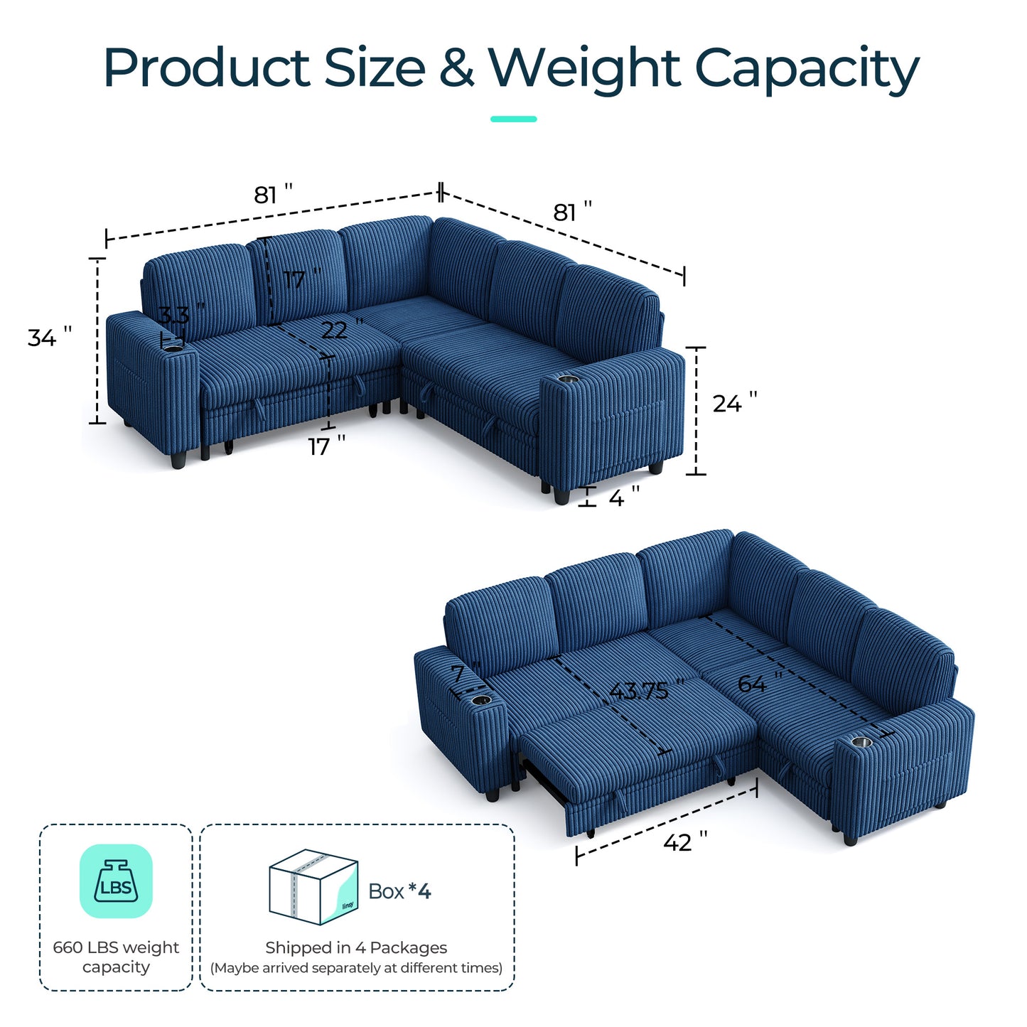 Linsy HS015 5+1 Plush Corduroy Sleeper Sofa Pull Out Couch Bed with USB, Cup Holder, Side Pocket, V Shaped Sectional Couches for Living Room
