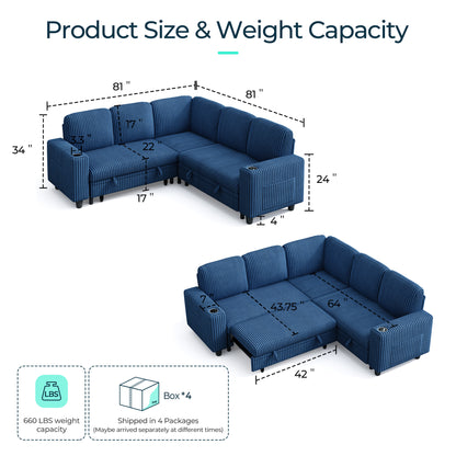 Linsy HS015 5+1 Plush Corduroy Sleeper Sofa Pull Out Couch Bed with USB, Cup Holder, Side Pocket, V Shaped Sectional Couches for Living Room