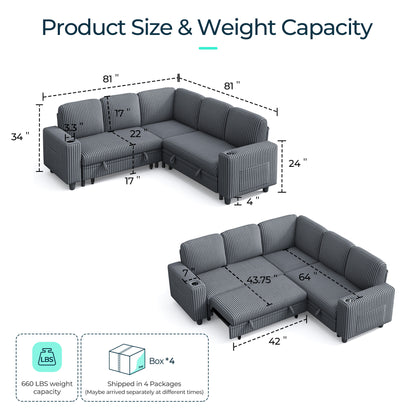 Linsy Home HS015-02-3+1&Ottoman#1225 Plush Corduroy Sleeper Sofa Bed with Storage Seat, Pull Out Couch Bed with Multifunctional Storage Ottoman, L-Shaped Sectional Couches for Living Room,