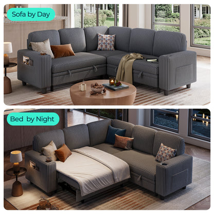 Linsy Home HS015-02-3+1&Ottoman#1225 Plush Corduroy Sleeper Sofa Bed with Storage Seat, Pull Out Couch Bed with Multifunctional Storage Ottoman, L-Shaped Sectional Couches for Living Room,