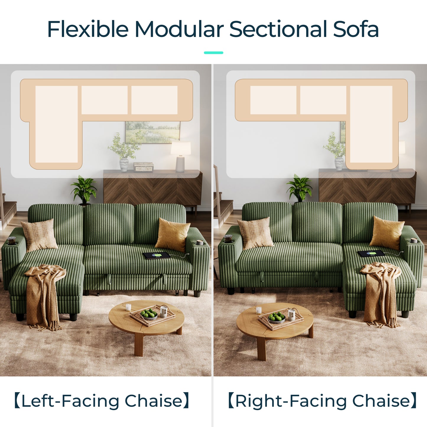 3 Seats with Ottoman, Convertible Plush Corduroy Cloud Couch