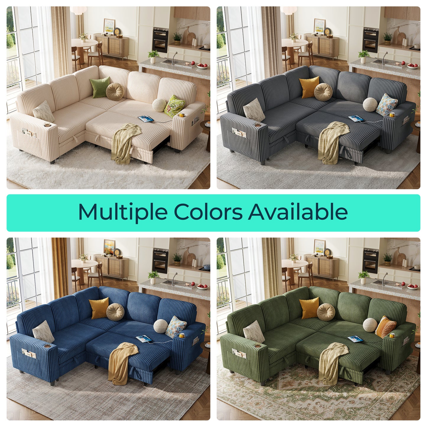 Linsy Home HS015-02-3+1&Ottoman#1225 Plush Corduroy Sleeper Sofa Bed with Storage Seat, Pull Out Couch Bed with Multifunctional Storage Ottoman, L-Shaped Sectional Couches for Living Room,