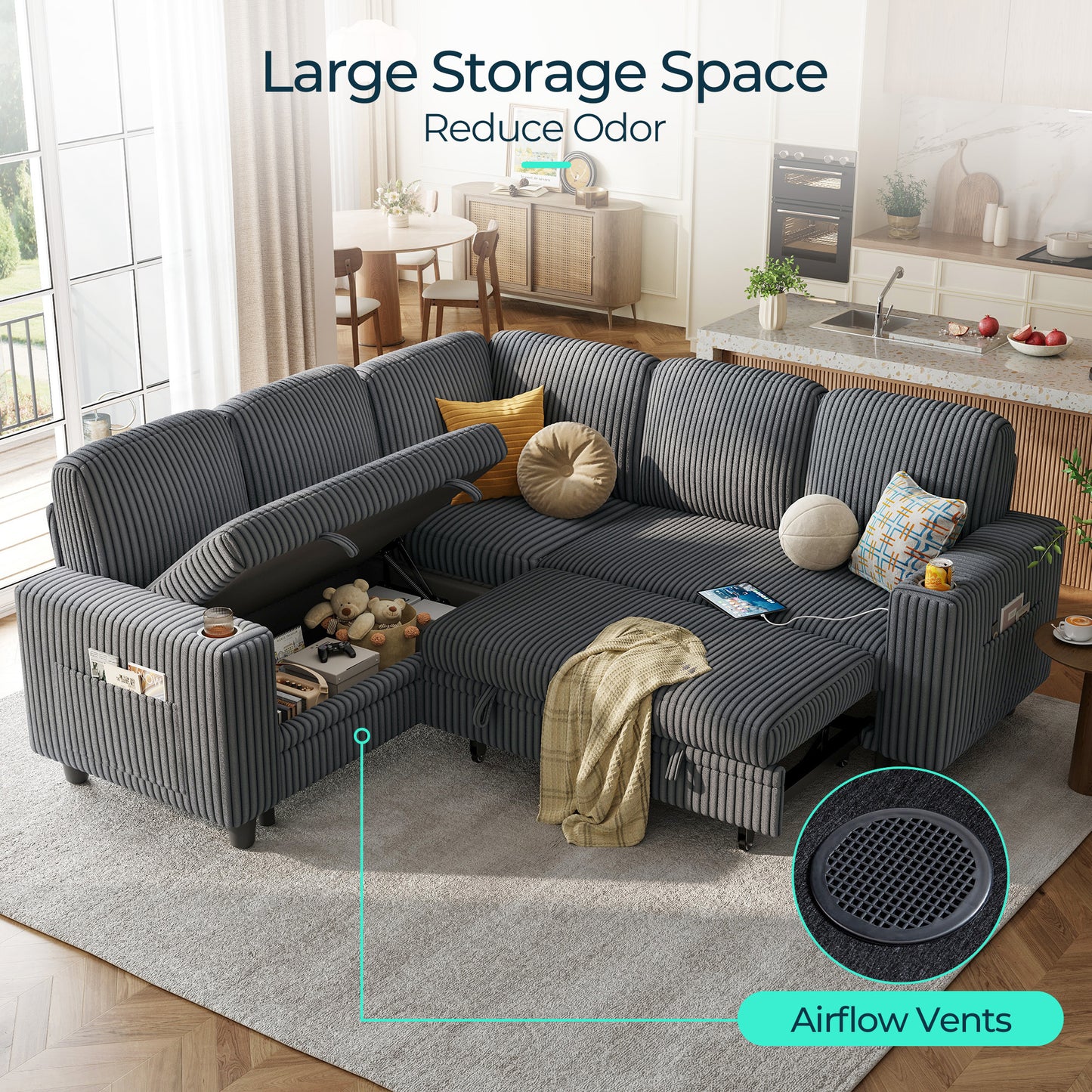 Linsy Home HS015-02-3+1&Ottoman#1225 Plush Corduroy Sleeper Sofa Bed with Storage Seat, Pull Out Couch Bed with Multifunctional Storage Ottoman, L-Shaped Sectional Couches for Living Room,