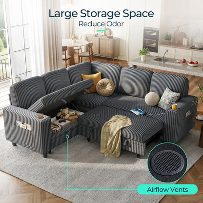 Linsy Home HS015-02-3+1&Ottoman#1225 Plush Corduroy Sleeper Sofa Bed with Storage Seat, Pull Out Couch Bed with Multifunctional Storage Ottoman, L-Shaped Sectional Couches for Living Room,