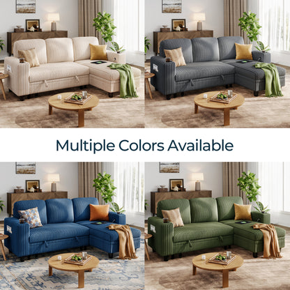 3 Seats with Ottoman, Convertible Plush Corduroy Cloud Couch