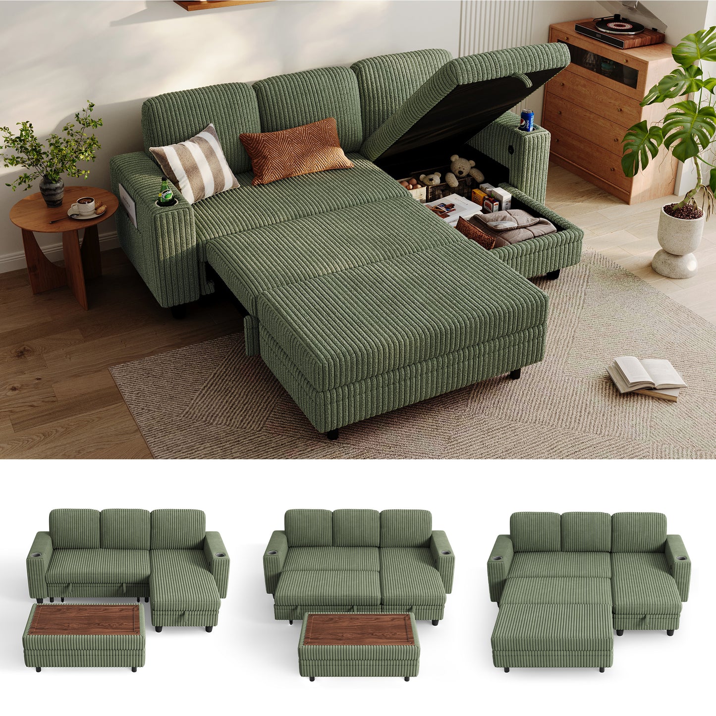 Linsy Home HS015-02-3+1&OttomanPlush Corduroy Sleeper Sofa Bed with Storage Seat, Pull Out Couch Bed with Multifunctional Storage Ottoman, L-Shaped Sectional Couches for Living Room, Apartment