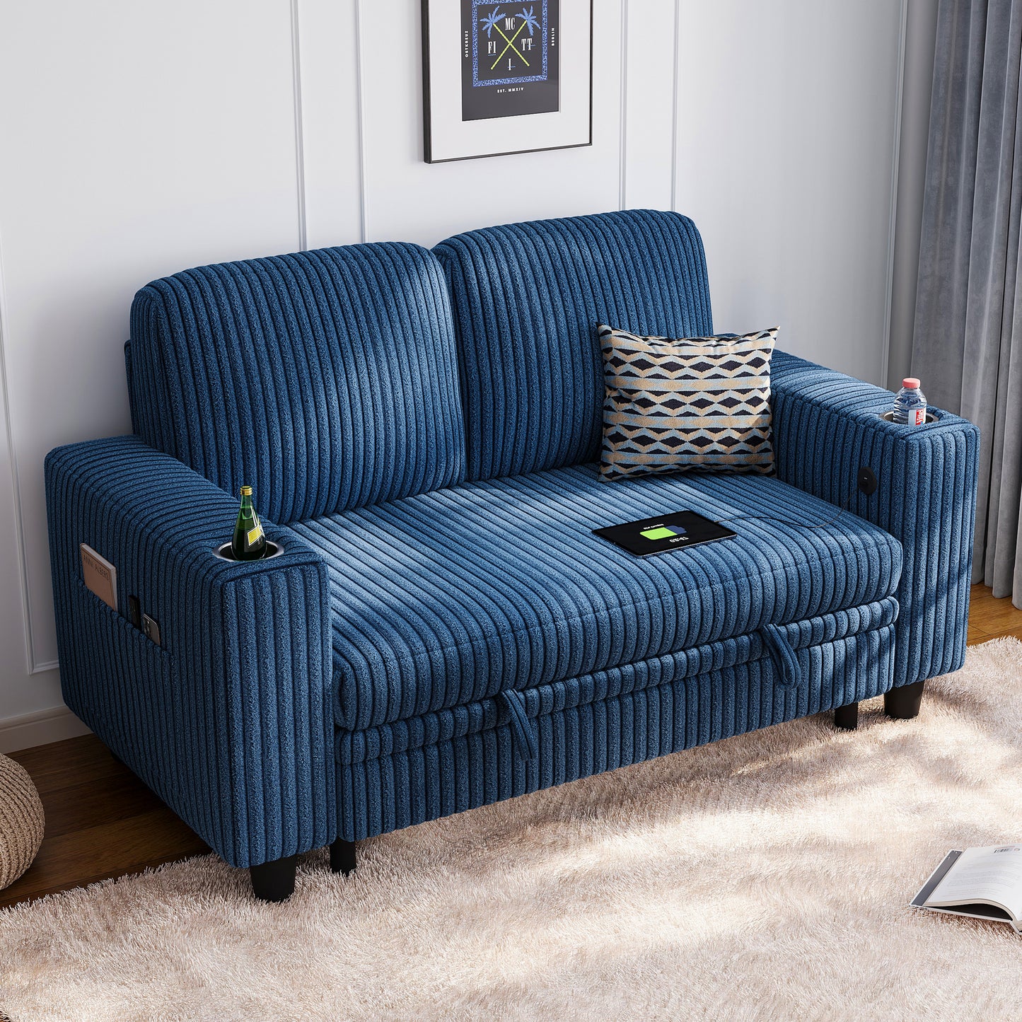Linsy HS015 Storage Corduroy Loveseat Sofa Couch with USB & Cup Holder