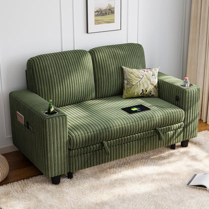 Linsy HS015 Storage Corduroy Loveseat Sofa Couch with USB & Cup Holder