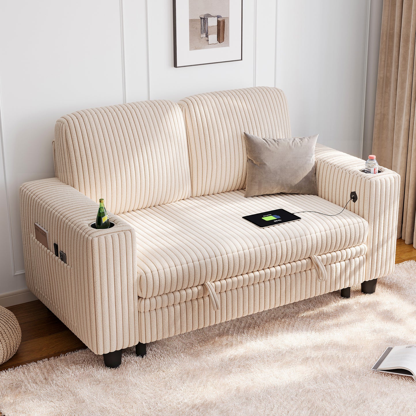 Linsy HS015 Storage Corduroy Loveseat Sofa Couch with USB & Cup Holder