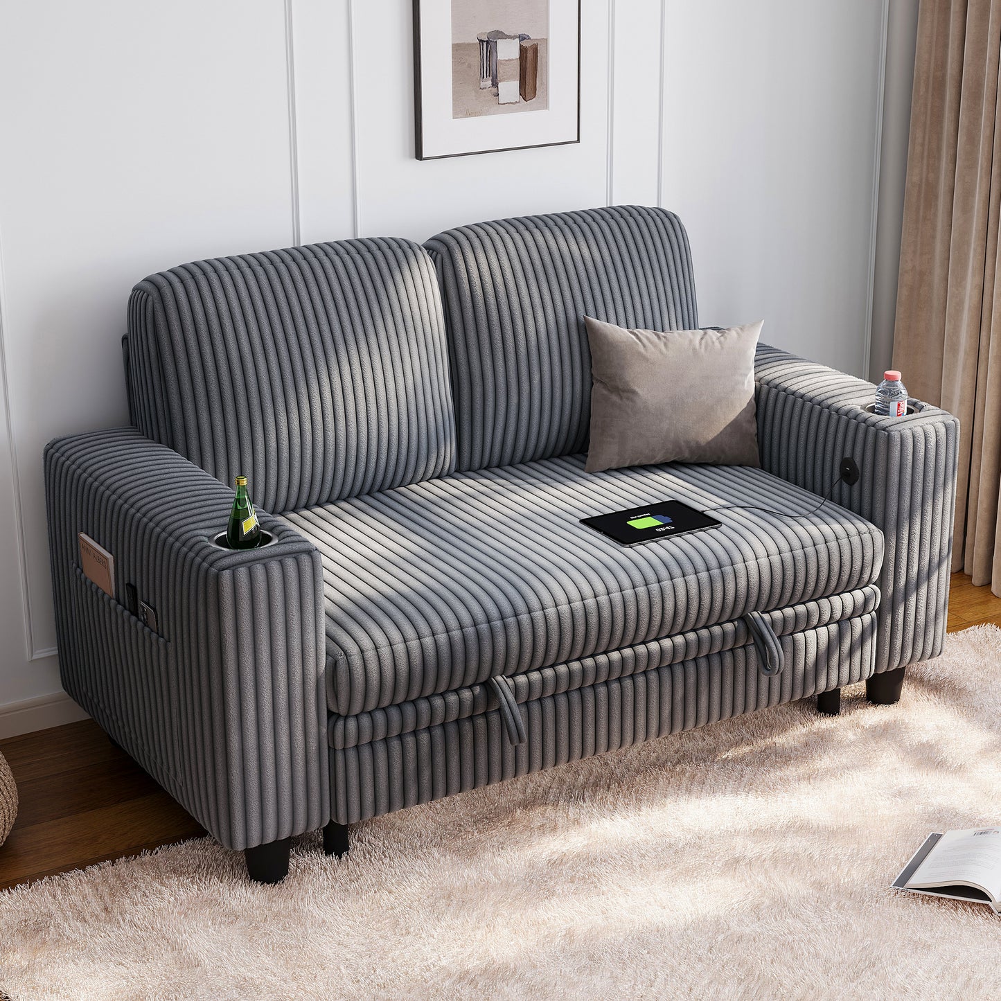 Linsy HS015 Storage Corduroy Loveseat Sofa Couch with USB & Cup Holder