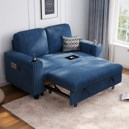 Linsy HS015-02 Plush Corduroy Pull Out Couch Chaise Lounge, Convertible Loveseat Sofa Couch With Usb & Cup Holder