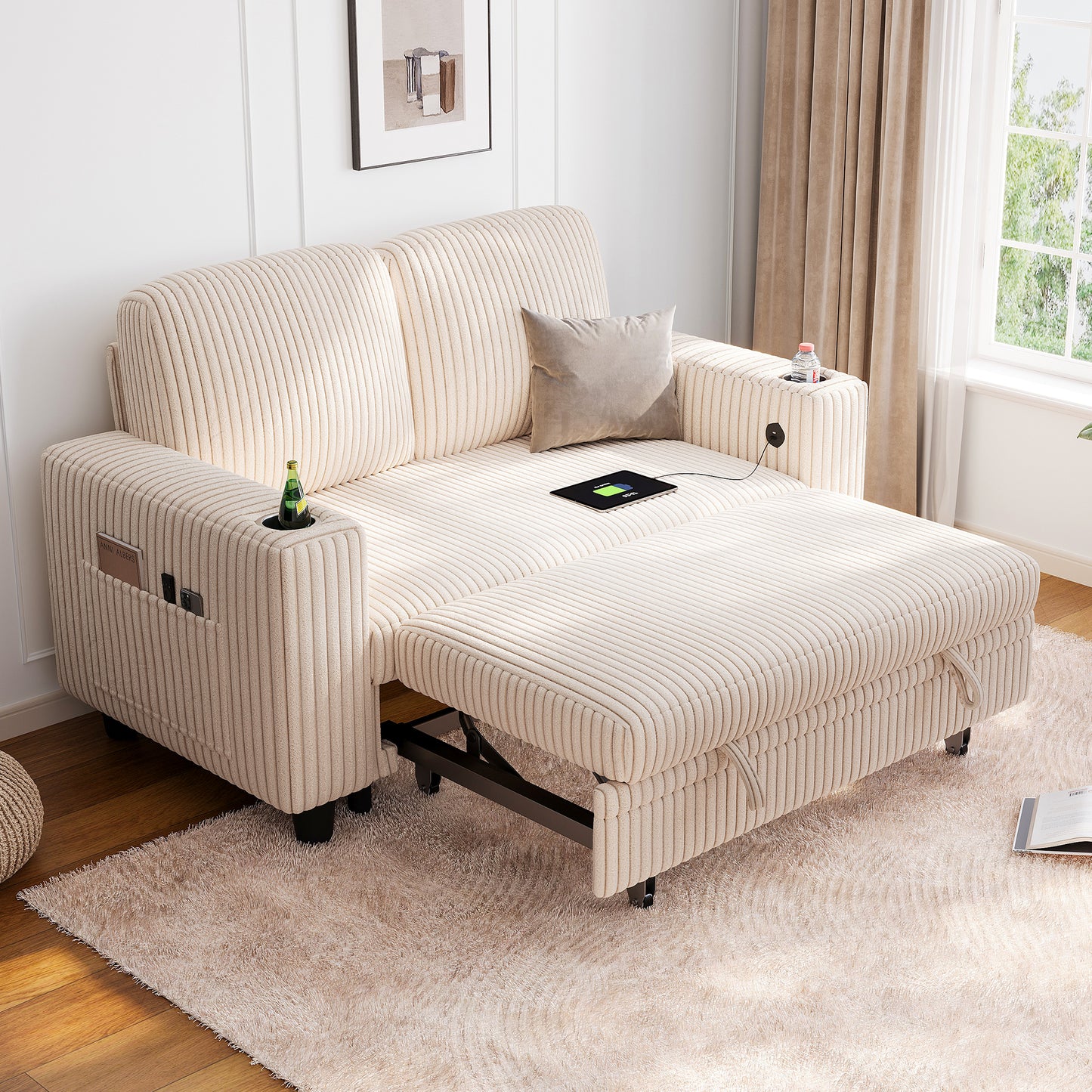 Linsy HS015-02 Plush Corduroy Pull Out Couch Chaise Lounge, Convertible Loveseat Sofa Couch With Usb & Cup Holder
